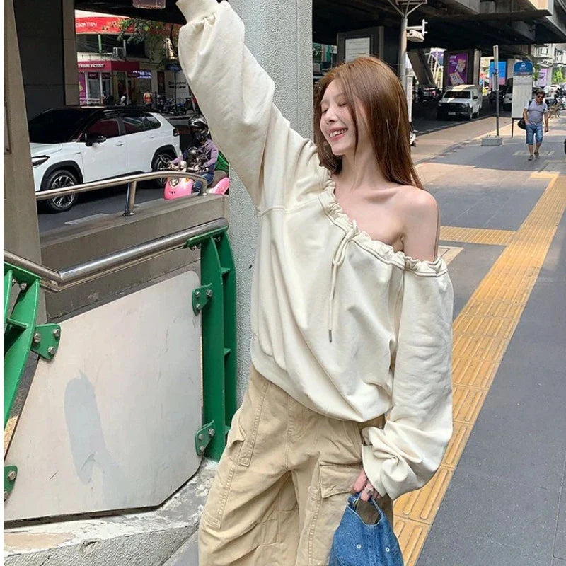 Bandage Pleated Solid Lazy Style Hoodies Sweatshirts Long Sleeve Loose Tops Korean Casual Clothing