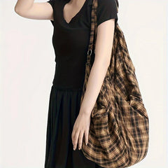 Vintage Plaid Canvas Tote LargeCapacity Korean Travel Shoulder Bag