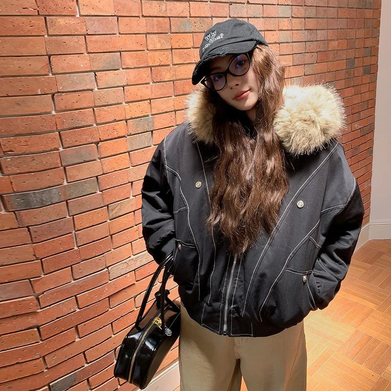 Cotton Padded Jacket Outerwear Thick Warm Oversize Short Coat Hooded Long Sleeve Fur Collar Parkas