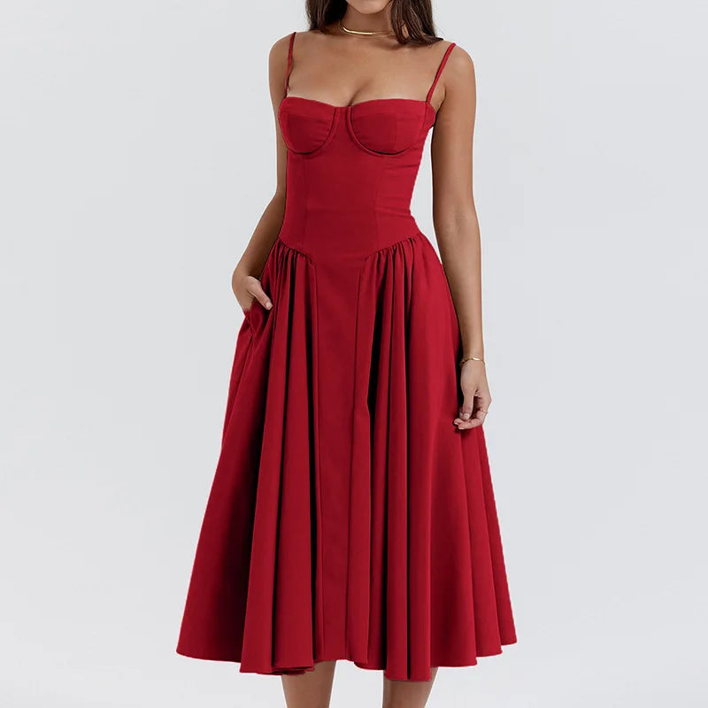 Elegant Sleeveless Backless Pleated Dresses Lady Solid Sling Midi Dress Party Evening A-line Robes