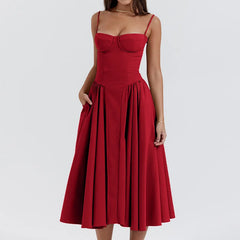 Elegant Sleeveless Backless Pleated Dresses Lady Solid Sling Midi Dress Party Evening A-line Robes