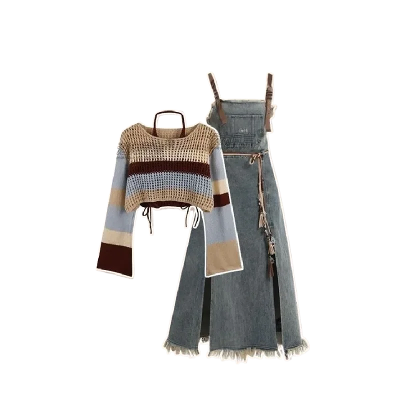 Vintage Denim Skirt Matching Set Elegant Loose Hollow Knitted Shirt+Split Dress Two Piece Suit