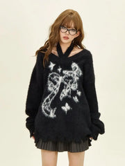 American Green Bow Neck Sweater Loose Print Pattern Vintage High Street Lazy Wind Knitted Sweater