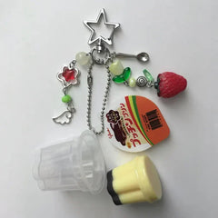 Japanese Pudding Keychain, Pink Yellow Egg Flan Charm, Y2K Heisei Retro Beaded Accessory