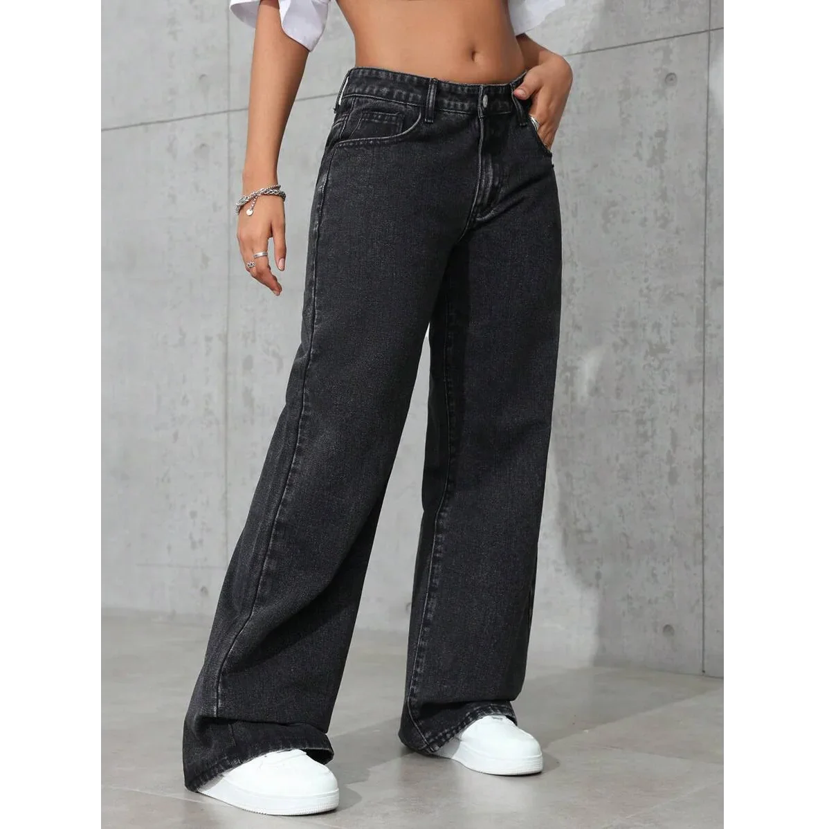 plus Size Wide Leg Jeans Washed Elastic Casual Loose Fit Ladies Denim Pants Comfortable Stretchy Trousers