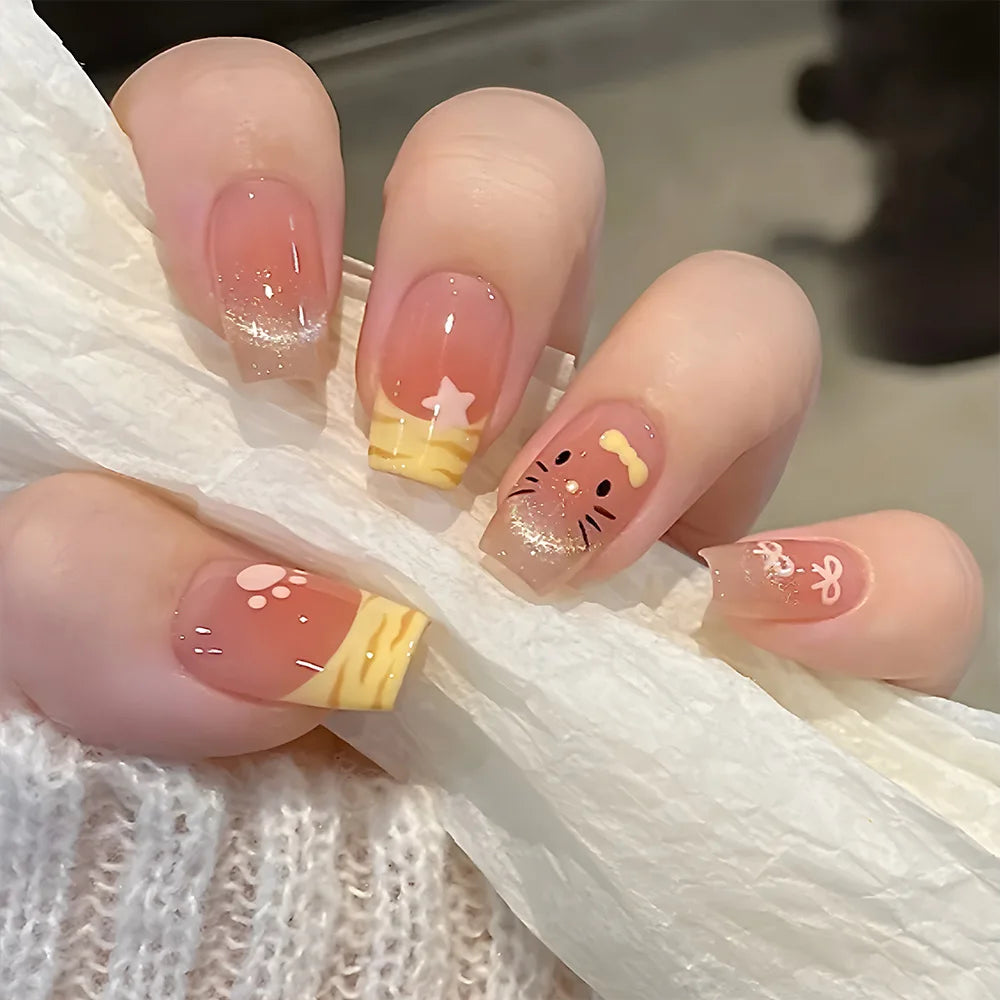 24Pcs Glitter Diamond Press On Nails Sweet Cute Girl Acrylic Nails Full Cover Short Square Fake Nails Wearable Manicure Nail Tip