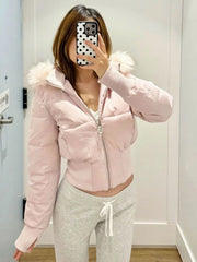 American Retro Pink Fur Collar Hooded Short Cotton Coat High Street Fur Collar Hooded Cotton Coat Jacket Women