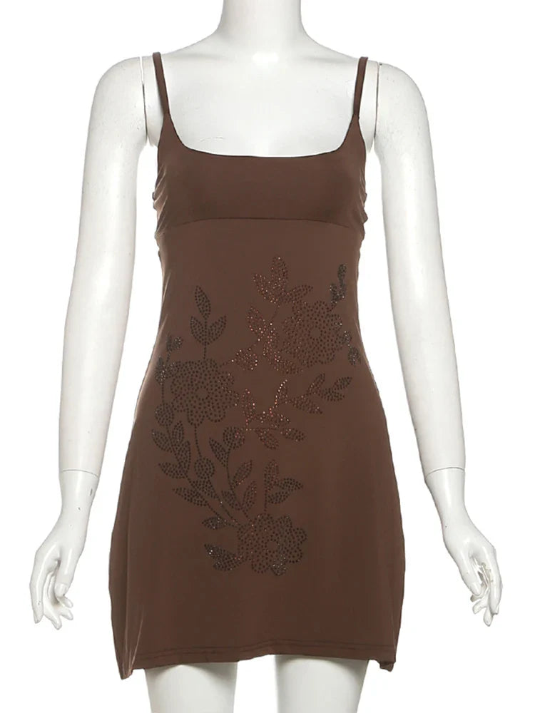 Nibber Backless Fake Diamond Stickers Sundresses Low-Neck Flowers Midnight Skinny Elasticity Fad Mini Bodycon