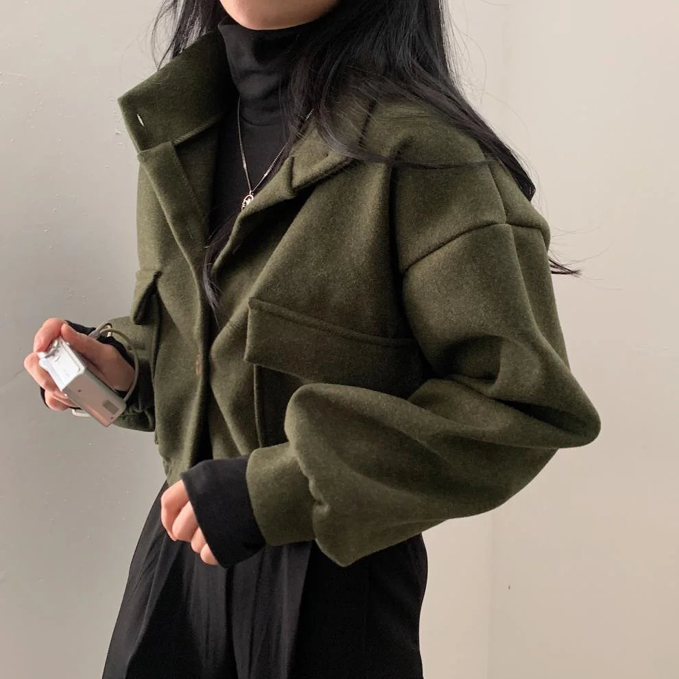 Loose Woolen Coat Large Size with Pockets Small Stand Collar Long Sleeve Button Hong Style Clothing