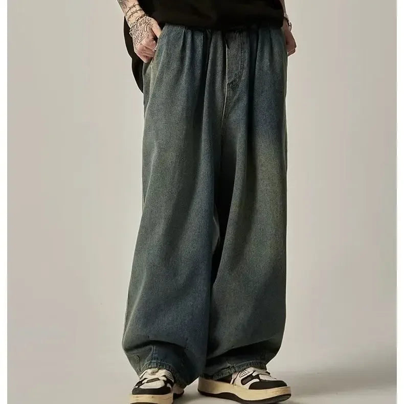 Japanese Vintage Distressed Jeans Loose Straight Leg Bell Bottoms Casual Trousers Trendy Brand High Street Style