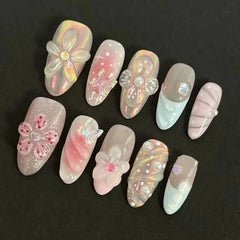 24PCS Sweet Pink Blush French Almond Press on Nails 3D Flower Ripples Fake Nails