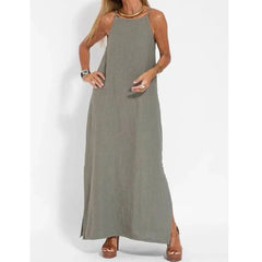 Cotton linen Side Split Long Slip Dress Lady Strapless Solid Color Holiday Party Dresses FYY-10080