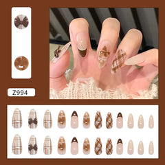 24Pcs Brown Plaid Press on Nails French Bow False Nail Medium Almond Atmosphere Wearable Nail