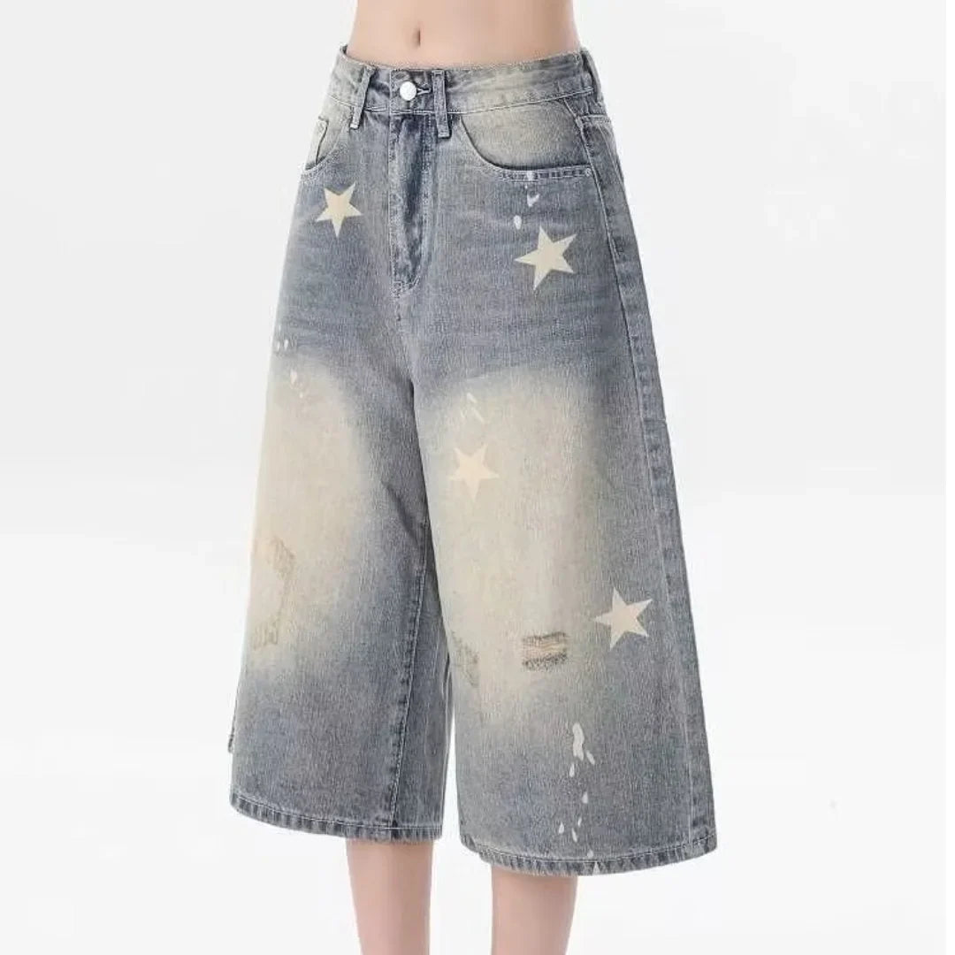 DM American Vintage Washed Star Denim Shorts Y2k High Waist Straight Wide Leg Jeans Loose Knee-Length Pants