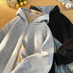Reversible Sweatshirt Hooded Cardigan Tide Couple Model Hooded Sweatshirt Plaid Jacket Unisex Hoodies