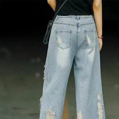 Retro Faded Hole Denim Jeans Thin High Waist Loose Wide Leg Pants Small Size Seven Casual Pants
