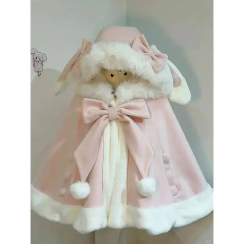 Lolita Shawl Overcoat Design Bow Hooded Patchwork Kawaii Cope Coat Warm Chic Sweet Christmas Coat