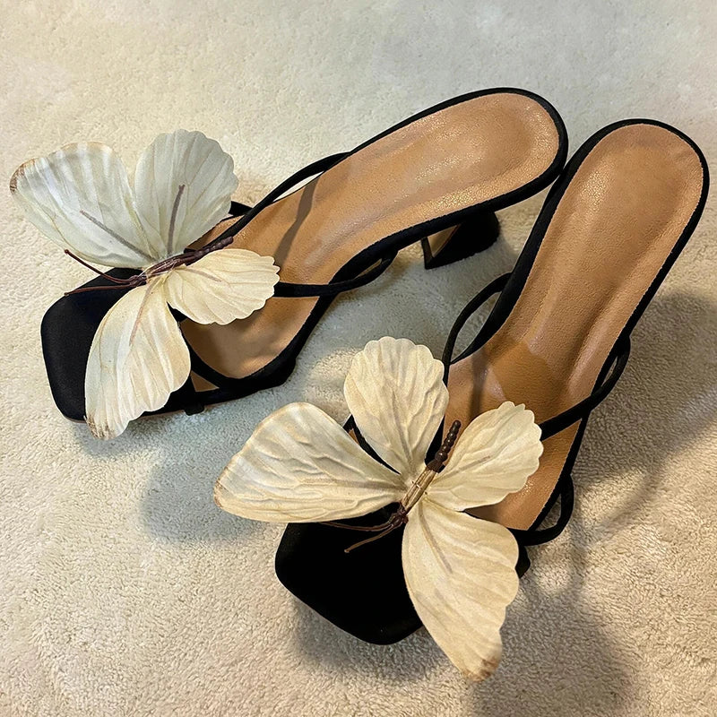 Designers Open Toe Butterfly-knot Slippers Slip On Ladies Elegant Thick Heel Dress Slides
