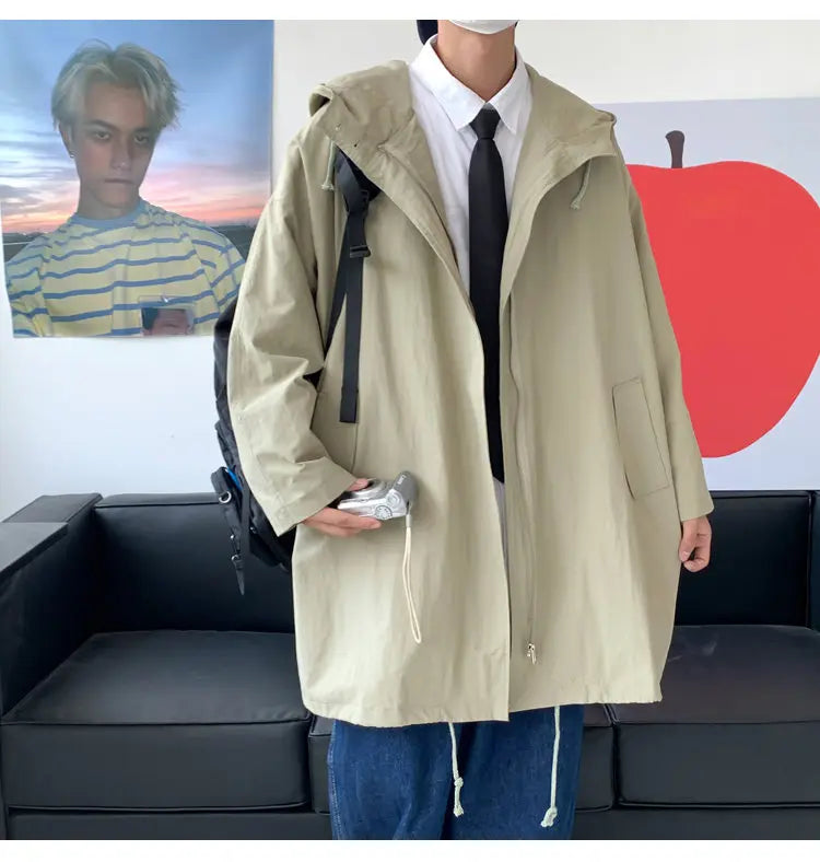 jacker Loose Fit Casual Hooded Jacket Outdoor Coat Mid-length jacket man