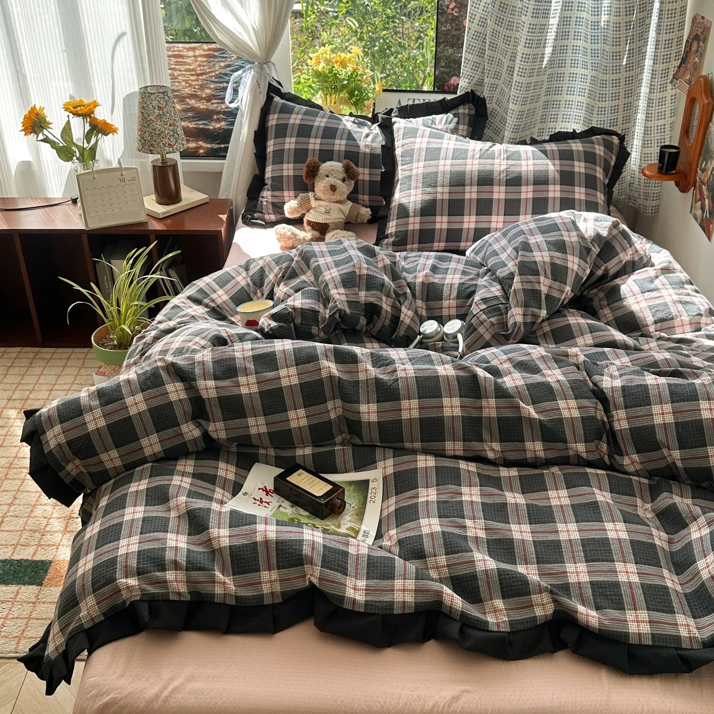 Plaid Bedding Set Double Yarn Classic Vintage Duvet Cover Set Flat Sheets Set 2 Pillowcases Single Twin Full Queen Size