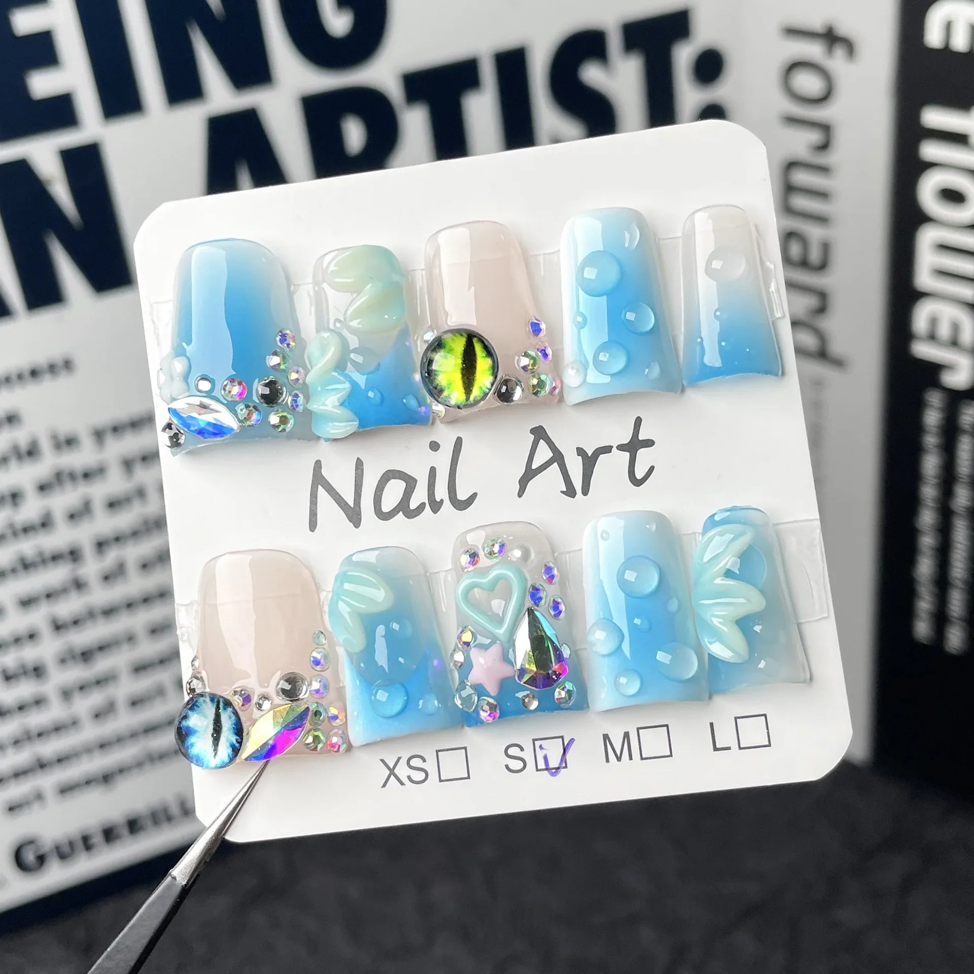 10pcs Gradient Blue Fake Nails Glossy Cat's Eye 3D Flower Shiny Diamond Press On Nail Blush Duckbill Handmade False Nail