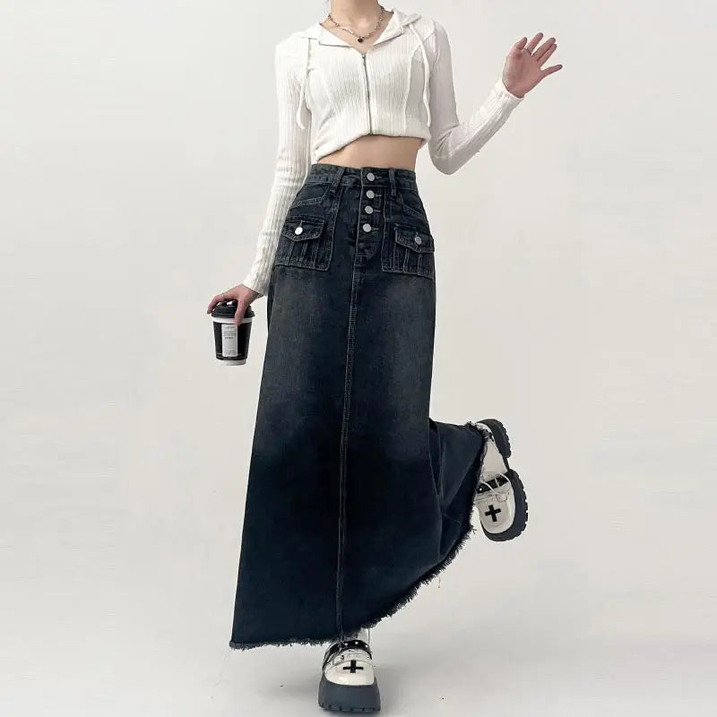 High-waisted Cargo Denim Skirt Long A-line Mid-length Skirt Retro Raw Edge Y2k Clothing Korean Style