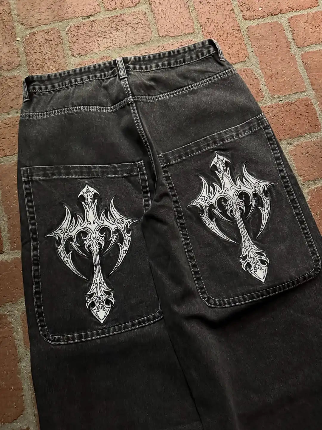 Gothic Cross Print Black Denim Baggy Pants Mid Waist Big Pocket Design Loose Fit Hip Hop Streetwear Jeans