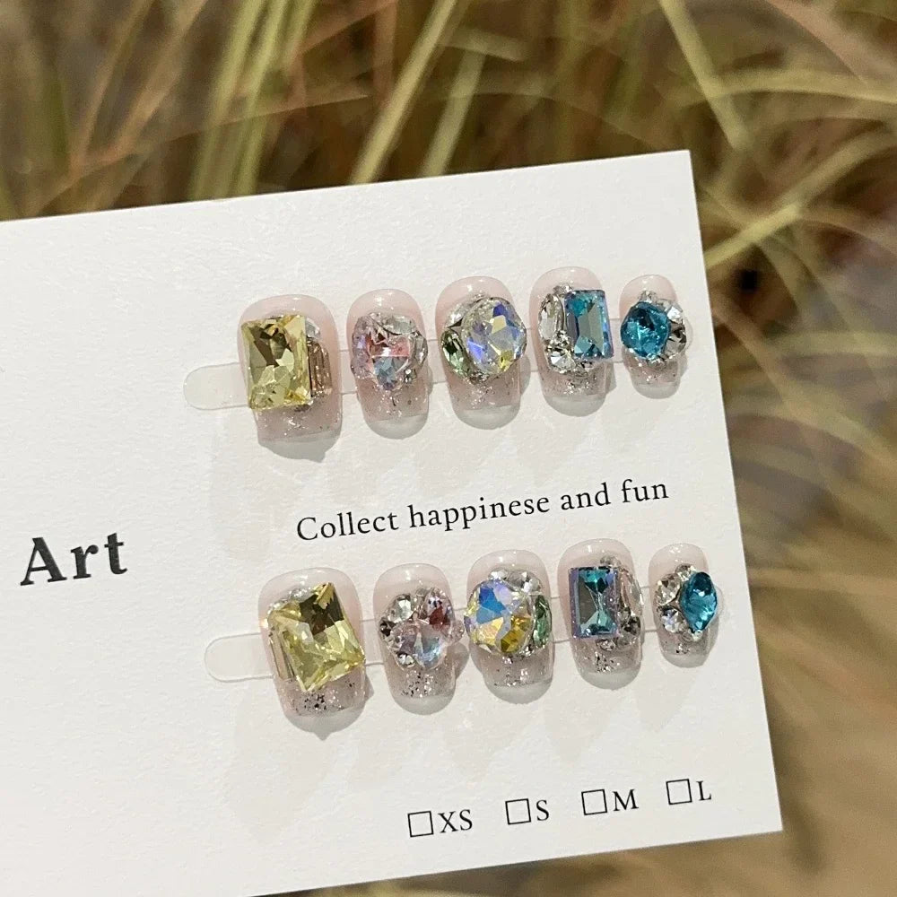 Sweet Lovely Cartoon Bear Long Coffin Stiletto Fake Nails Bowknot Pearl Diamond Flowers Cat Eyes Wearable Fake Nails