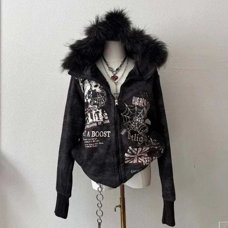 American Skull Print Hoodie Y2K Vintage Rock Hip Hop Gothic Casual Joker Plus Velvet Padded Sweater