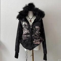 American Skull Print Hoodie Y2K Vintage Rock Hip Hop Gothic Casual Joker Plus Velvet Padded Sweater
