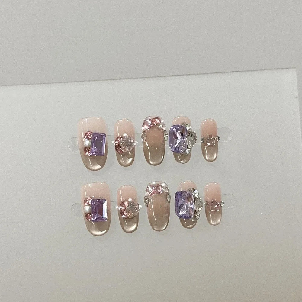 Sweet Lovely Cartoon Bear Long Coffin Stiletto Fake Nails Bowknot Pearl Diamond Flowers Cat Eyes Wearable Fake Nails