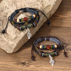 Handmade Hippie Design Brown Leather Bracelet Metal Star Note Charms Wood Button Beads Wrap Unisex Adjustable Bracelet