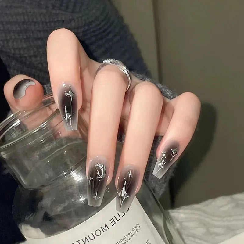 24 PCs Long French Minimalist Moon Nails with 1 Jelly