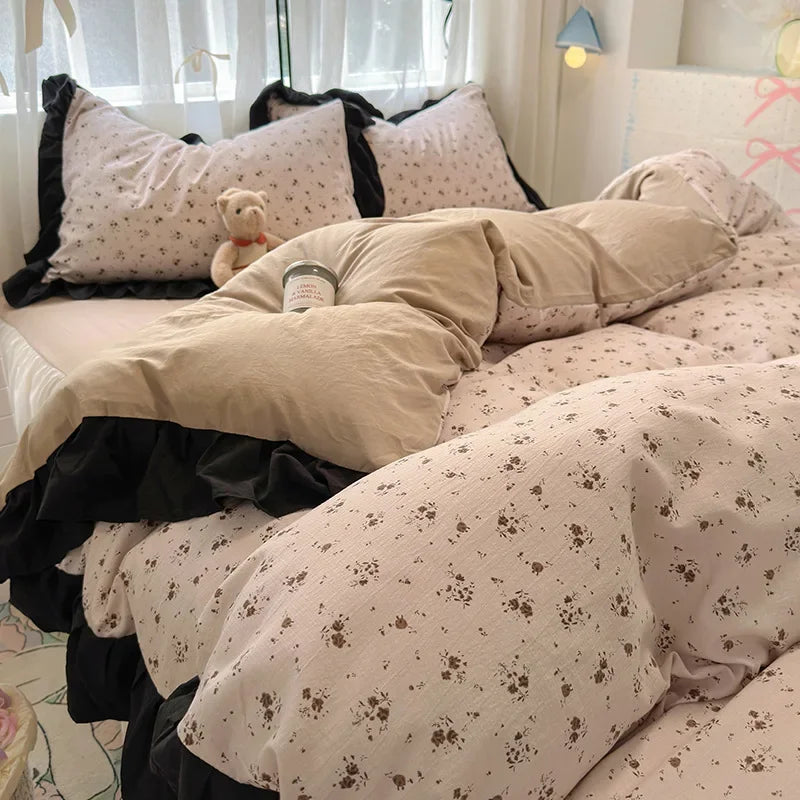 1.5/1.8 Korean Style 100% Cotton Fitted Sheet Sets with Lace Flower Print Bedding Set