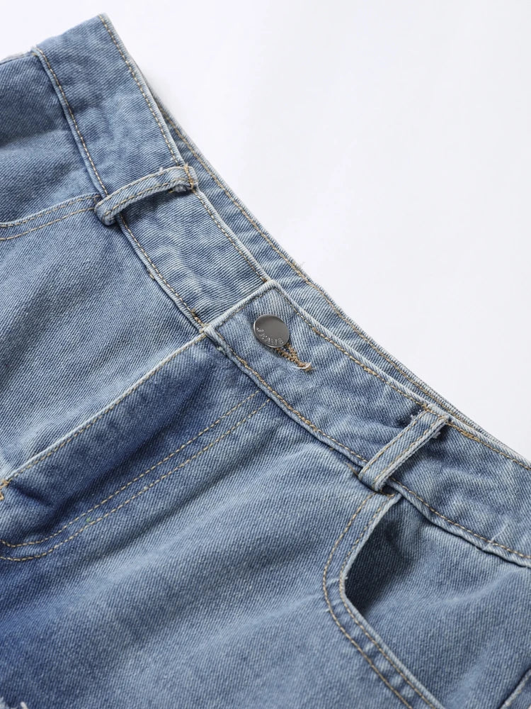 Denim Patchwork Trousers High Waist Contrast Color Striped Straight Sports Wide Leg Pants Street Lady Pants