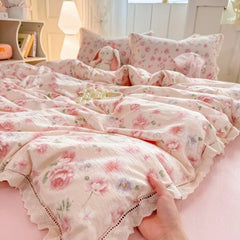 hollow lace wrinkled cotton four-piece set household student dormitory three-piece set bed sheet quilt cover