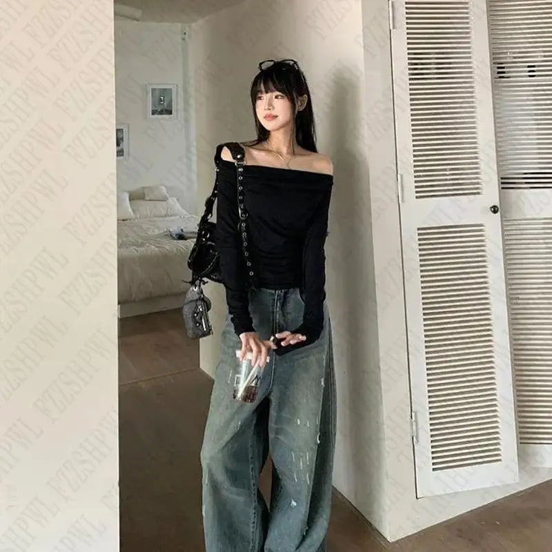 Punk Y2k Long sleeve Crop Top One shoulder Harajuku Grunge Goth Pullover Streetwear Hip Hop Baby Tee Retro Top EMO