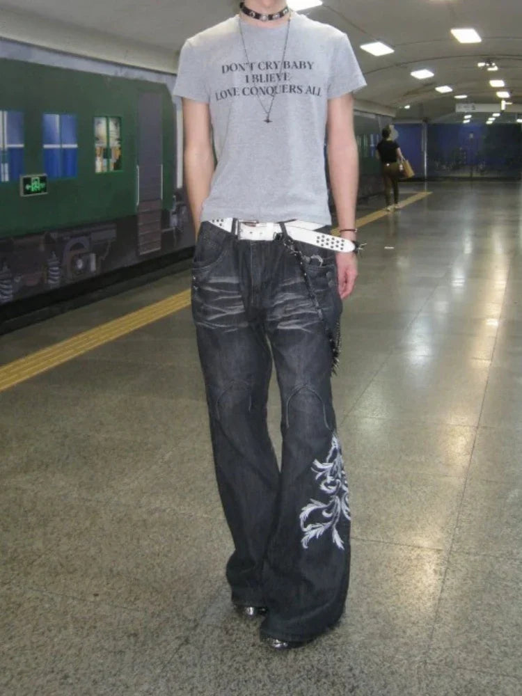 American Retro Flared Jeans Harajuku Wide Leg Y2k Gothic Vintage Embroidery Denim Pants Baggy Hip Hop Streetwear