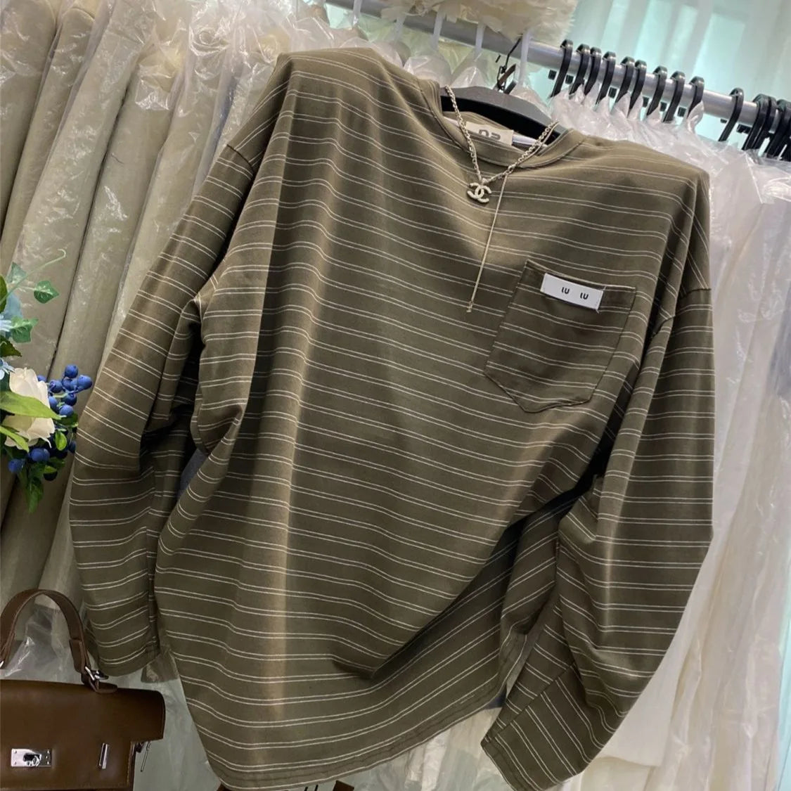 Loose Long Sleeve Striped T-Shirtable Retro Korean Style Casual Top Thin Medium Length Lazy Style T-Shirt