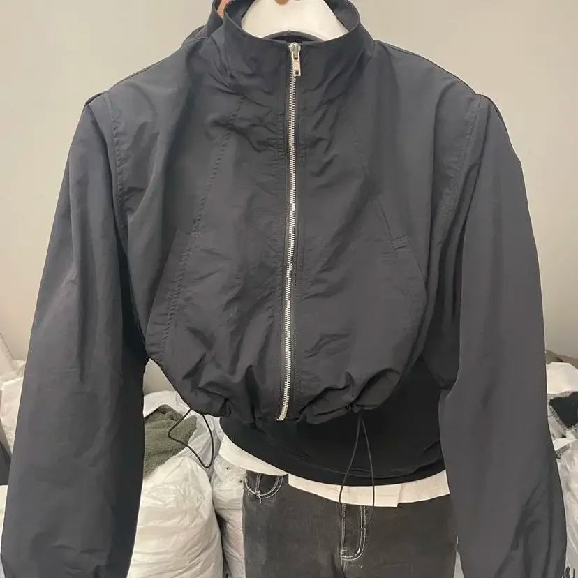 Vintage Windbreaker Cropped Jackets Harajuku Oversized Streetwear Long Sleeve Elegant Top