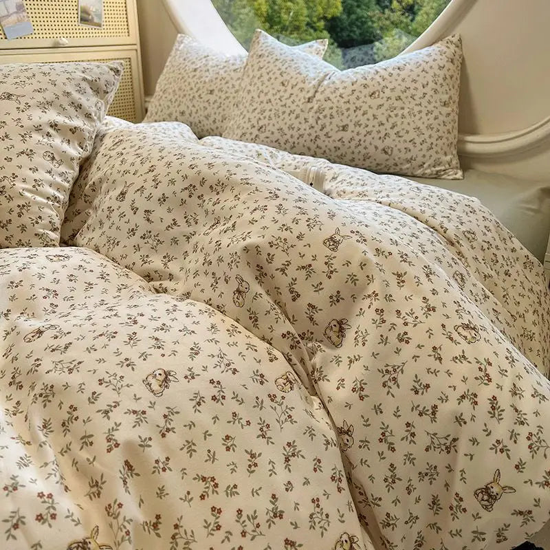 Floral Duvet Cover Set with Flat Sheet Pillowcase No Filler Girls Twin Full Queen Size Korean Soft Bedding Set
