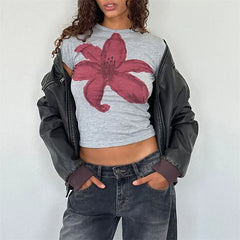 Xingqing y2k Crop Top 2000s Baby Tee Floral Print Round Neck Short Sleeve T Shirt Fairycore Clothes Streetwear