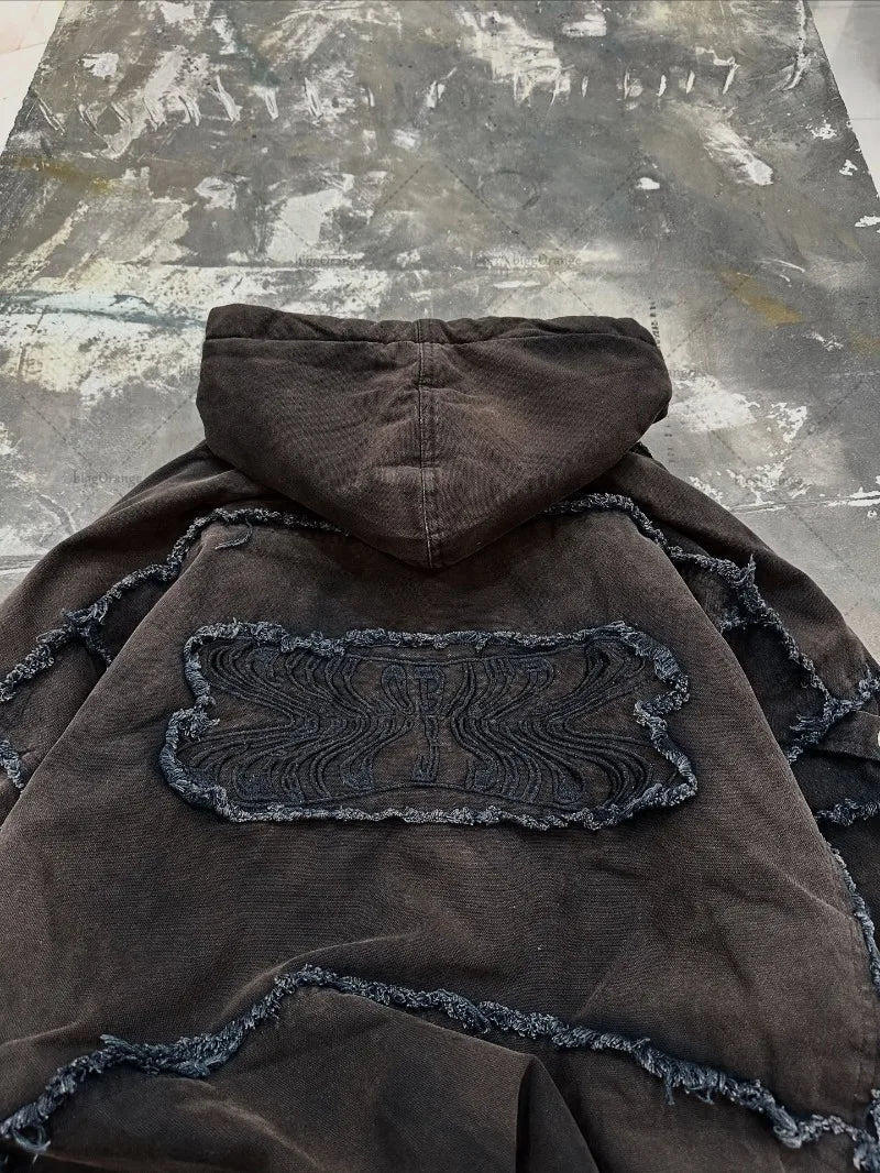 Punk High Street Clothing Destructive Style Sticker Zipper Sweatshirt Trendy Embroidered Whiskers Multi-pocket Hoodie