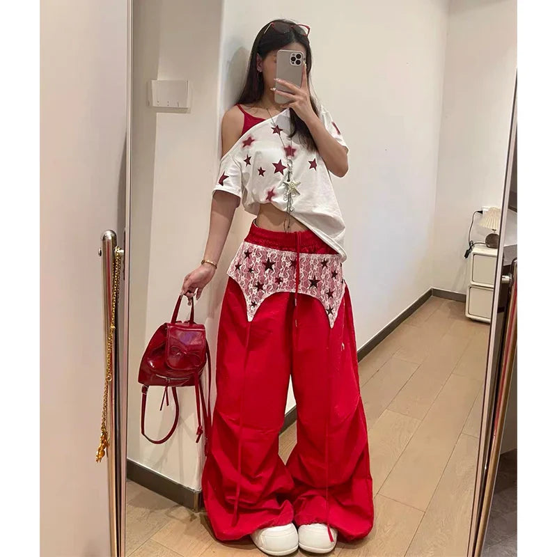 Red Baggy Parachute Pants Oversize Cargo Pants Harajuku Japanese Y2k Gyaru Vintage Trousers Clothes