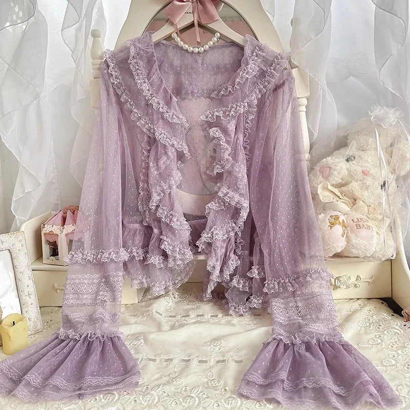 Lolita Sweet Shirts Lace Mesh Harajuku Blouse Y2K Long Sleeve Preppy Style Cardigan Japanese Ruffles Tops