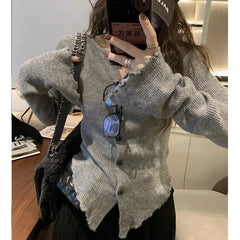 Deeptown Y2k Grey Vintage Kint Sweater Harajuku Long Sleeve Cardigan Irregular Korean Slim Jerseys Casual
