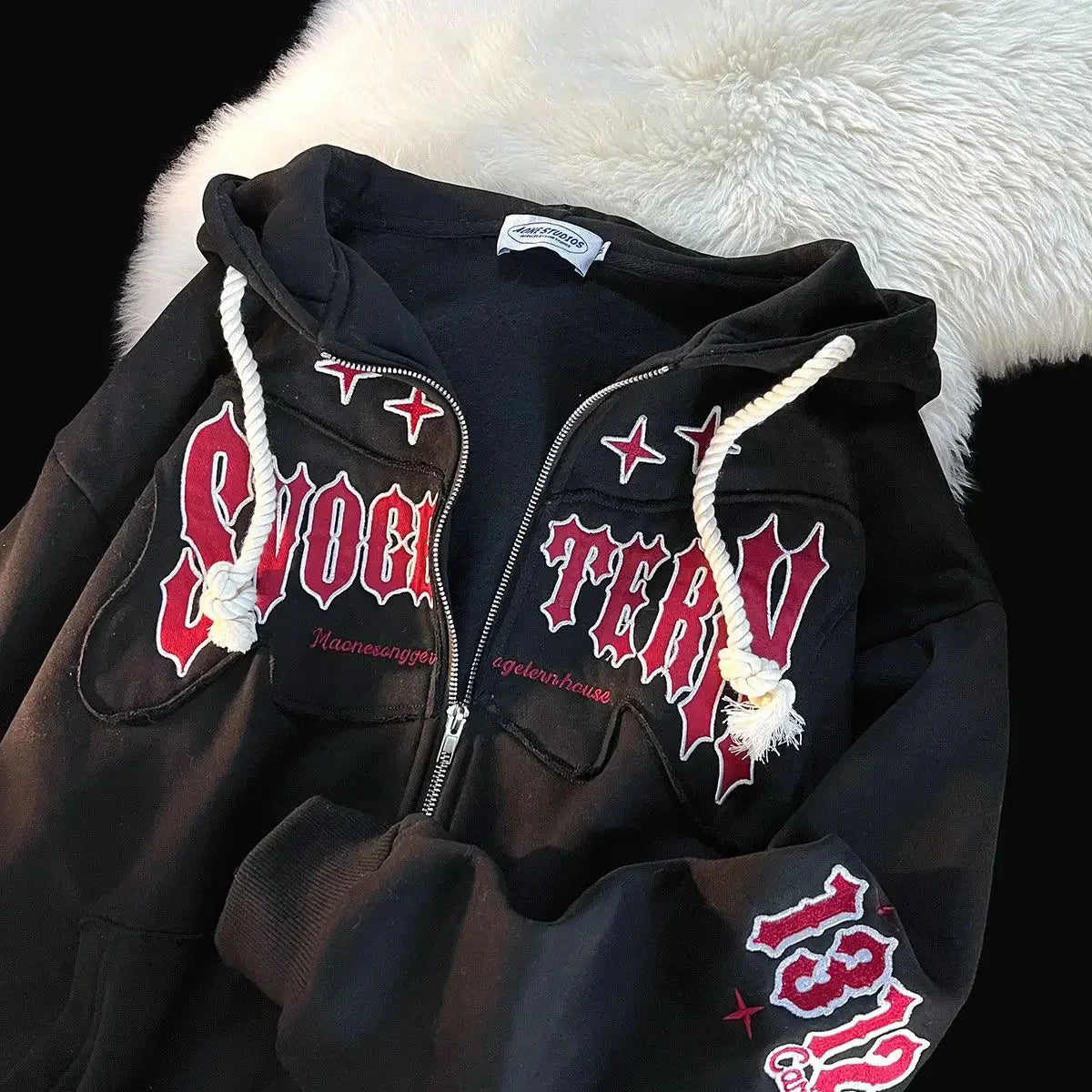 American Style Flocking Letter Embroidery Cardigan Hooded Sweater Plus Fleece Loose Trendy Couple Jacket