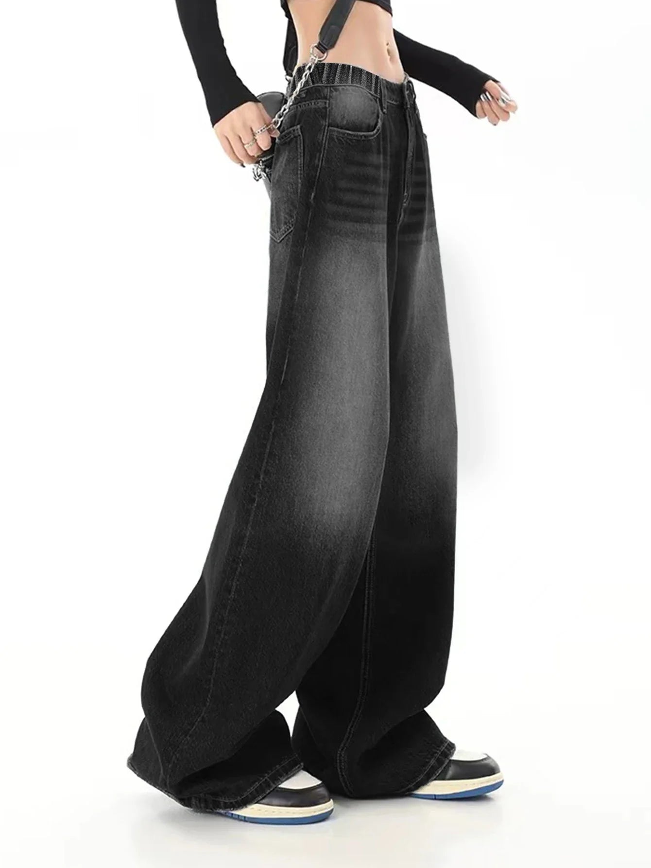 Vintage black washed loose straight-leg jeans