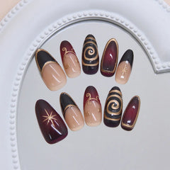 24pcs Golden Lines Patterns False Nails Dark Purple Blush French Fake Nails