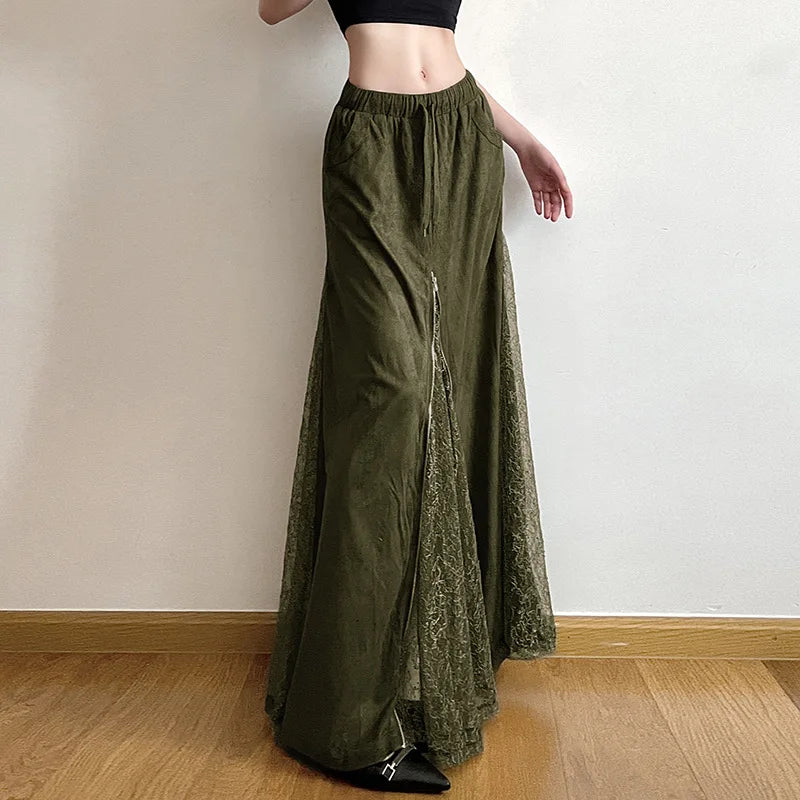 Vintage Suede Nap Lace Patchwork Hem Zip Long Skirt Cyber Y2K Chic Drawstring Pocket A-line Skirts Lady Grunge Streetwear